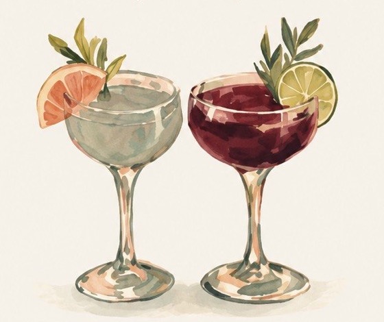 Two zero-proof botanical cocktails in coupe glasses, garnished with grapefruit, lime and herbs